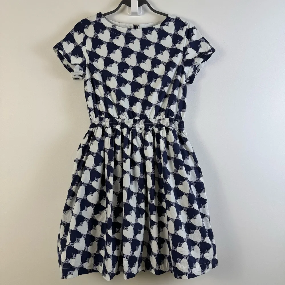 J.Crew Girls’ Heart Print Cotton Dress Navy White Short Sleeve Size 14 Tween